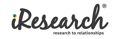 iResearch Services logo featuring the word 'iResearch' in a modern, handwritten-style font. The dot of the 'i' incorporates a small circular design with blue, yellow, and black accents. Below, the tagline 'research to relationships' is displayed in a clean, sans-serif font. The logo is black and white with a registered trademark symbol at the top right.