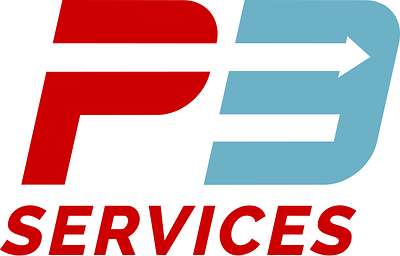 P3 Services logo featuring bold red and blue typography with an arrow symbolizing forward momentum, innovation, and reliability in service.