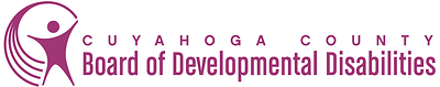 Cuyahoga County Board of Developmental Disabilities logo: The name, with a figure stepping forth from an arc, all in plumberry pink Cuyahoga County Board of Developmental Disabilities logo: The name, with a figure stepping forth from an arc, all in plumberry pink