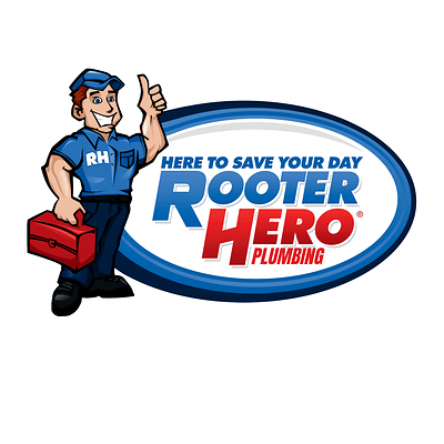 Rooter Hero logo featuring a smiling plumber in a blue uniform giving a thumbs-up and holding a red toolbox beside an oval emblem that reads ‘Here to Save Your Day – Rooter Hero.’