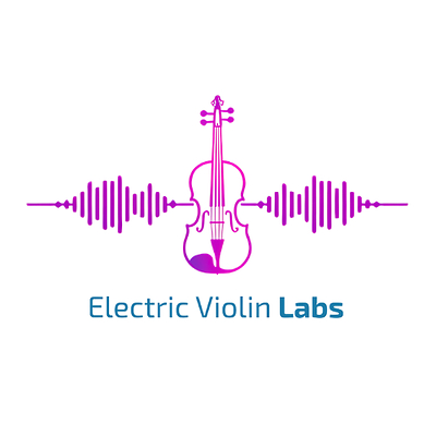 graphic outline of neon-pink violin with sound waves emanating from either side, and the text "Electric Violin Labs" beneath the graphic, in teal. graphic outline of neon-pink violin with sound waves emanating from either side, and the text "Electric Violin Labs" beneath the graphic, in teal.