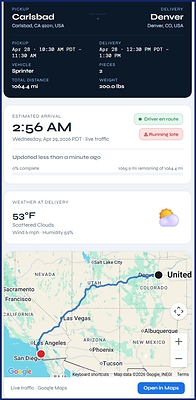 The TrackLink™ broker view: live GPS, weather-aware ETA, and Ping Driver button - all in a browser, with no app or login required.
