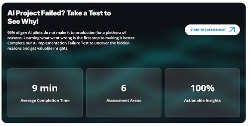The AI Implementation Failure Test is designed for companies that have already invested in developing AI products but have not achieved the expected outcome. It helps uncover the hidden causes behind the failure and provides practical next-step guidance. The AI Implementation Failure Test is designed for companies that have already invested in developing AI products but have not achieved the expected outcome. It helps uncover the hidden causes behind the failure and provides practical next-step guidance.