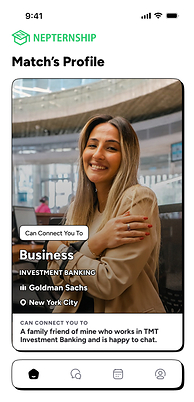 A Nepternship match profile showing how college students unlock warm introductions to professionals at top firms. A Nepternship match profile showing how college students unlock warm introductions to professionals at top firms.