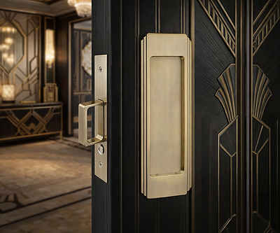FH25 Flush Pull with PD8000 Pocket Door Lock and Trim in 38 Aged Brass Finish