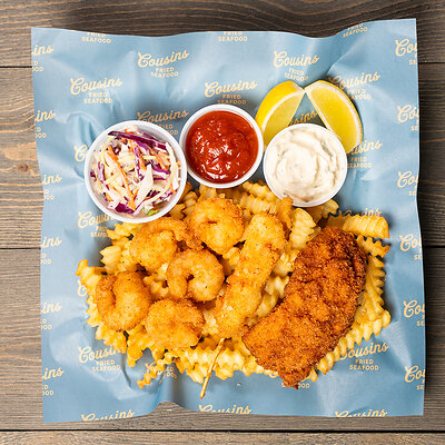 New England Style Fried Seafood Platters - handbreaded and fried, served with fries, coleslaw, and your choice of 2 housemade sauces
