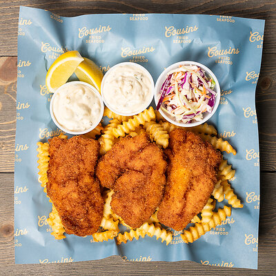 Fried Seafood Platters - handbreaded and fried, served with fries, coleslaw, and your choice of 2 housemade sauces
