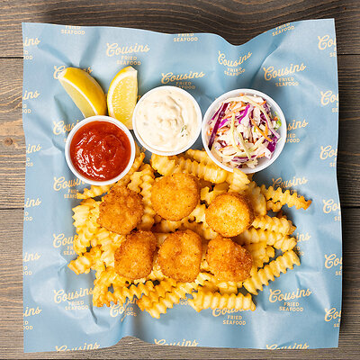 Fried Sca Seafood Platter - handbreaded and fried, served with fries, coleslaw, and your choice of 2 housemade sauces.