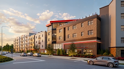 A rendering of the exterior of Signature at Varsity, a premier off-campus housing development located near North Carolina State University. Featuring contemporary architecture and vibrant street-level amenities, the project is currently slated for a Fall 2027 delivery.