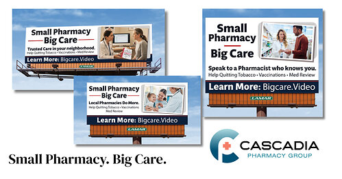 Cascadia Pharmacy Group launches Small Pharmacy. Big Care. — an Oregon Health Authority–funded campaign reminding patients that independent pharmacies offer far more than prescriptions. The billboards are in Oregon. The problem — and the solution — are national. Learn more at Bigcare.Video. Cascadia Pharmacy Group launches Small Pharmacy. Big Care. — an Oregon Health Authority–funded campaign reminding patients that independent pharmacies offer far more than prescriptions. The billboards are in Oregon. The problem — and the solution — are national. Learn more at Bigcare.Video.