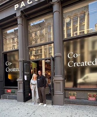 Pacsun CEO Brieane Olson and Chief Merchandising Officer Richard Cox outside Pacsun SoHo on launch day for Olson’s debut book, Co-Created: The Cultural Strategy That Redefined Pacs