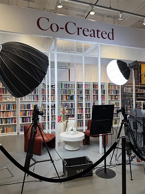 The store took on a bookstore-inspired feel, with a curated selection of Olson’s favorite titles and dedicated displays of Co-Created woven throughout.