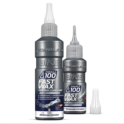 Formula 100 Fast Wax Drip Wax Chain Lube for highest performance available in 120ml and 50ml dropper bottles