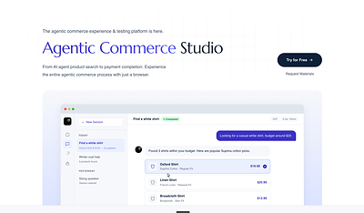 Agentic Commerce Studio product page introducing the browser-based environment for testing agentic commerce experiences.
