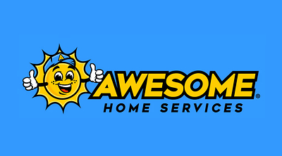 Awesome Home Services company logo on a blue background, featuring a yellow cartoon sun wearing a blue baseball cap.