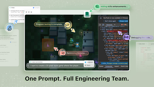 Promotional image for Verdent showing an AI coding workspace with a game preview, DevTools, code editor, task list, and progress bubbles. Bottom text reads: “One Prompt. Full Engineering Team.”