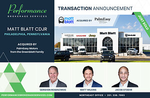 Performance Brokerage Services Advises on the Sale of Matt Blatt Chrysler Dodge Jeep Ram in Philadelphia, Pennsylvania from The Greenblatt Family to PalmEasy Motors