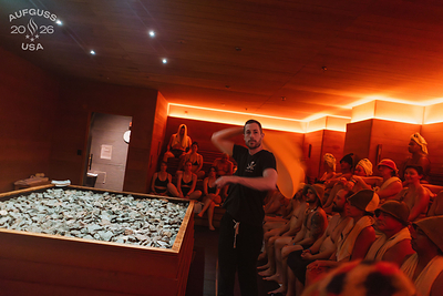 A Sauna Master (Travis Talmadge) performs during the Modern Classic Cup competition at the Aufguss USA Nationals.