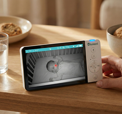 The Nonnanest parent unit displays real-time video and skin temperature readings from across the nursery. The dedicated handheld display works independently of any smartphone. Patent pending.