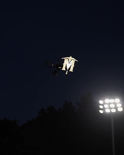 Alpha Drones USA inaugural flight showcasing Miners logo at Skylands Stadium