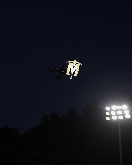 Alpha Drones USA inaugural flight showcasing Miners logo at Skylands Stadium