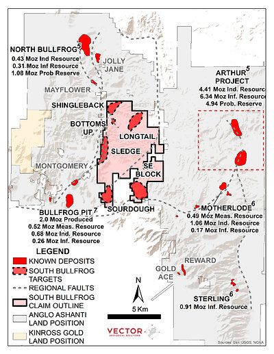 Figure 1 - The South Bullfrog Project is centrally located in the Beatty District surrounded by AngloGold’s Bullfrog, North Bullfrog and Arthur development projects.4  For a complete summary of Anglo Gold’s resources and reserves see Table 1 (below).