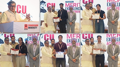 Meritorious students receiving scholarships from Punjab Governor, Gulab Chand Kataria during 3rd edition of Chandigarh University’s ‘CU Scholars’ Summit 2026’ 