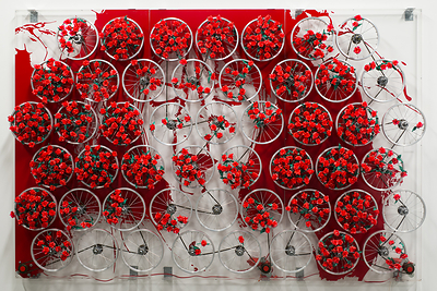 Contemporary artwork gifted to the Tampa Museum of Art by Maureen and Doug Cohn in 2015. 
Mabel Poblet (Cuban, b. 1986), Simplemente Bellas (Simply Beautiful), 2013. Mixed media (plastic flowers, bicycle wheels, electric motors) on acrylic panels. 78 ¾ x 118 ⅛ inches.
