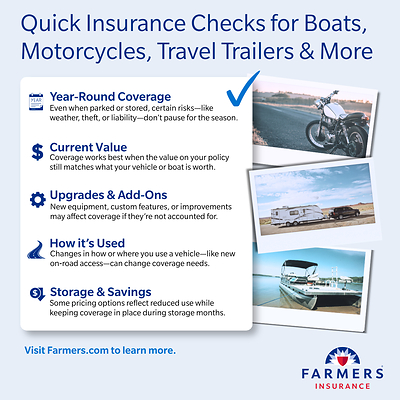 Farmers Insurance® shares key seasonal coverage checks for boats, RVs, motorcycles and more.