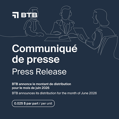 FPI BTB annonce le montant de distribution pour le mois de juin 2026