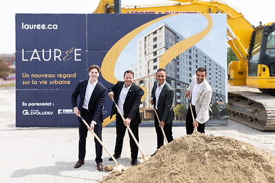 Jean-Francois Bérubé of Fonds immobilier de solidarité FTQ, Nicolas Dufour, Mayor of Repentigny, and Groupe Évoludev's Jonathan Trudel and Alexandre Gauthier (Photographer: Juk De Montigny) 