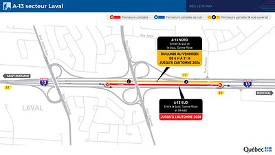 Autoroute 13 (Chomedey) à Laval : Carte d’entraves et déviation de la circulation Autoroute 13 (Chomedey) à Laval : Carte d’entraves et déviation de la circulation