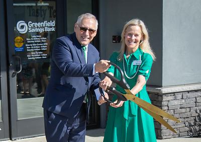 Greenfield Savings Bank President & CEO Peter Albero and Board Chair Pamela Stobierski cut the ribbon to officially open the bank’s ninth branch in Easthampton.