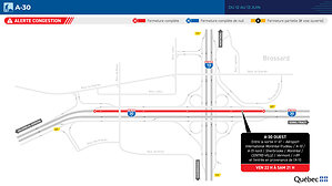 Autoroute 30 en direction ouest à Brossard (à l'approche de l'autoroute 10) - Déviation de la circulation sur la voie de desserte les 12 et 13 juin