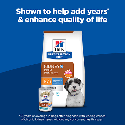 Hill's Prescription Diet k/d + Derm Complete is now available via veterinarian recommendation, and features ActivBiome+ Kidney Defense. 