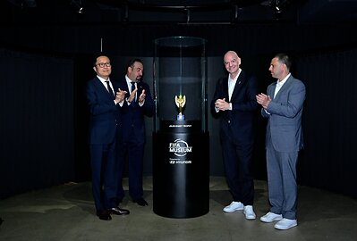 FIFA Museum Opening Ceremony – Trophy Unveiling; From left: Sungwon Jee, Executive Vice President and Global Chief Marketing Officer, Hyundai Motor Company; Marco Fazzone, Managing Director, FIFA Museum; Gianni Infantino, FIFA President; Alex Lasry, Chief Executive Officer, FIFA World Cup 2026™ New York New Jersey Host Committee. (Photo credit: Getty Images for Hyundai Motor Company)