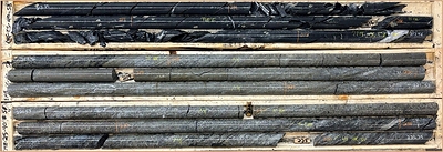 Photo 1: Drill core from EME-25-040 at Errington West showing zinc-rich massive sulphides interpreted as the core of the intersected mineralized zone. Photo 1: Drill core from EME-25-040 at Errington West showing zinc-rich massive sulphides interpreted as the core of the intersected mineralized zone.