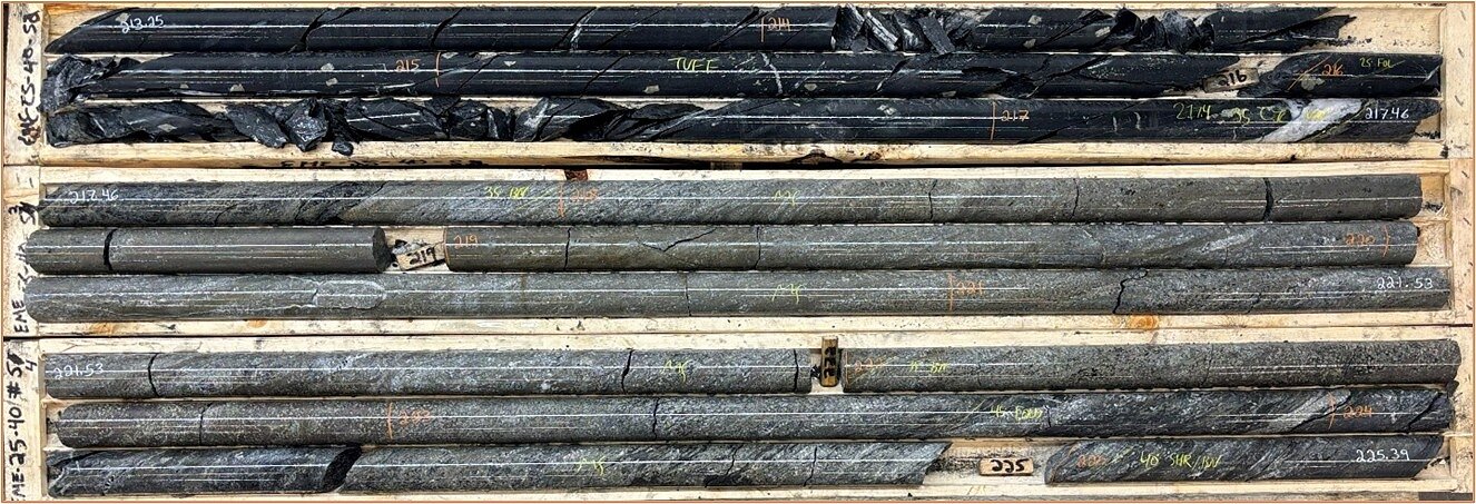 Photo 1: Drill core from EME-25-040 at Errington West showing zinc-rich massive sulphides interpreted as the core of the intersected mineralized zone. Photo 1: Drill core from EME-25-040 at Errington West showing zinc-rich massive sulphides interpreted as the core of the intersected mineralized zone.