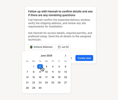Assign every task a clear owner and due date so handoffs come with the full conversation context. Assign every task a clear owner and due date so handoffs come with the full conversation context.