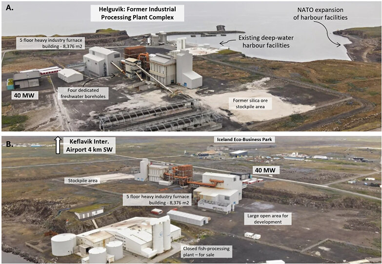 Overview of the Helguvík industrial complex and adjacent deep water port on Iceland’s Reykjanes Peninsula, providing existing large scale infrastructure and logistics capacity for potential future processing linked to Skaergaard. A. is taken towards the southwest. B. is taken towards the east. Photo courtesy: Reykjanes Investment. Overview of the Helguvík industrial complex and adjacent deep water port on Iceland’s Reykjanes Peninsula, providing existing large scale infrastructure and logistics capacity for potential future processing linked to Skaergaard. A. is taken towards the southwest. B. is taken towards the east. Photo courtesy: Reykjanes Investment.