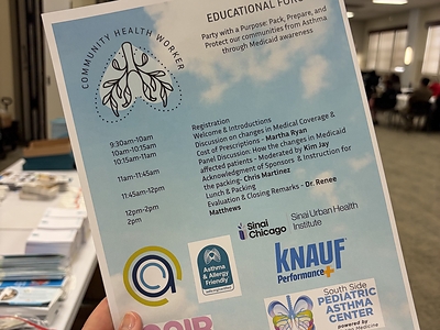 Official programme for the Chicago Asthma Consortium's 2026 Community Health Worker Educational Forum, with the Asthma & Allergy Friendly® Certification Program and Knauf as sponsors.