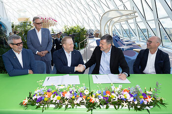 Royal Caribbean’s Legend of the Seas officially joined the vacation brand’s revolutionary lineup with a delivery celebration at the Meyer Turku shipyard in Turku, Finland, alongside Royal Caribbean President and CEO Michael Bayley; Royal Caribbean Group Chairman and CEO Jason Liberty; EVP of Maritime & Newbuilding, Harri Kulovaara, Royal Caribbean Group; Meyer Turku CEO Casimir Lindholm and Deputy CEO Ville Saksi. The new vacation is now ready for its July 4 debut with 7-night Western Mediterranean vacations before heading to Fort Lauderdale, Florida, in November 2026. This image opens in the lightbox