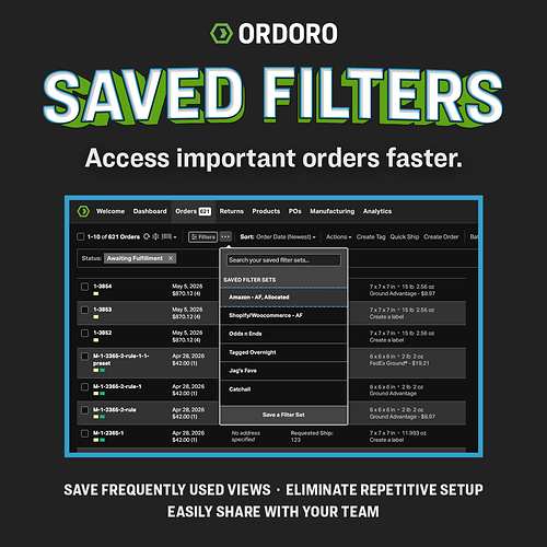 Ordoro's Saved Filters feature allows merchants to save and reuse custom order views for faster order management.