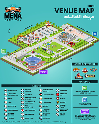 The official venue map is here! Explore all the different sections the OC MENA Festival has to offer. From the Festival Stage to the ultimate food lineup at the "Taste of MENA", here's your blueprint of what's happening.

Save this post for later so you can easily navigate the grounds. Don't miss our June 19-21 at the OC Fairgrounds in Costa Mesa, California. Tickets can be found at ocmenafestival.com