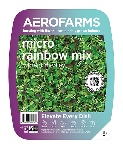 The company's microgreens are grown on a vertical farm in Danville, Virginia, using 230 times less land and 90% less water than traditional field farming. AeroFarms is a Certified B Corporation. The company's microgreens are grown on a vertical farm in Danville, Virginia, using 230 times less land and 90% less water than traditional field farming. AeroFarms is a Certified B Corporation.