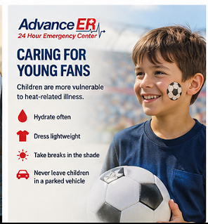 Young child holding a soccer ball beside an Advance ER safety graphic that provides heat illness prevention tips for children, including staying hydrated, dressing in lightweight clothing, taking breaks in the shade, and never leaving children in a parked vehicle.