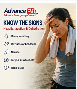 Advance ER educational graphic showing a woman experiencing heat-related illness symptoms, alongside information about common signs of heat exhaustion and dehydration, including heavy sweating, dizziness or headache, nausea, fatigue or weakness, and a rapid pulse.