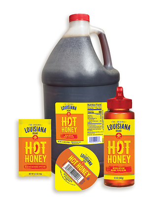 The Original Louisiana Brand Hot Honey is available nationwide through foodservice partners. Food Service orders available now in dip cups, sachets, 12oz bottle and gallon sizes.