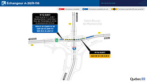 Asphaltage de la route 116 entre Saint-Bruno-de-Montarville et Longueuil - Fermeture partielle de jour sur la route 116 à Saint-Bruno-de-Montarville le samedi 13 juin