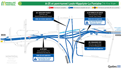 A-25 et pont-tunnel Louis-Hippolyte-La Fontaine (secteur Souligny), du 12 au 13 juin A-25 et pont-tunnel Louis-Hippolyte-La Fontaine (secteur Souligny), du 12 au 13 juin